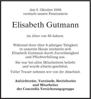 Todesanzeige von Elisabeth Gutmann von MERKUR & TZ