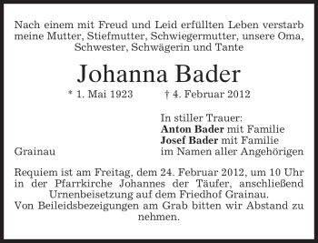 Todesanzeige von Johanna Bader von MERKUR & TZ
