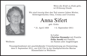 Todesanzeige von Anna Sifert von MERKUR & TZ