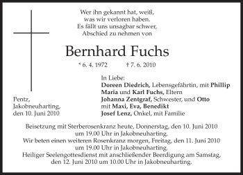 Todesanzeige von Bernhard Fuchs von MERKUR & TZ