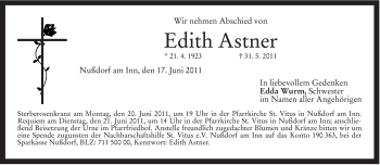 Todesanzeige von Edith Astner von MERKUR & TZ
