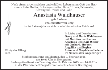Todesanzeige von Anastasia Waldhauser von merkurtz