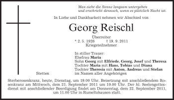Todesanzeige von Georg Reischl von MERKUR & TZ
