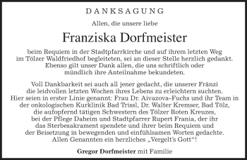 Todesanzeige von Franziska Dorfmeister von MERKUR & TZ