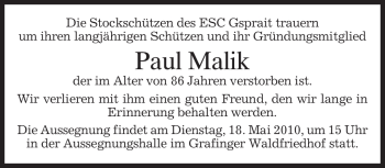 Todesanzeige von Paul Malik von MERKUR & TZ