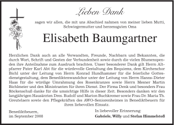 Todesanzeige von Baumgartner Elisabeth von MERKUR & TZ