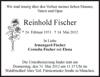 Todesanzeige von Reinhold Fischer von MERKUR & TZ