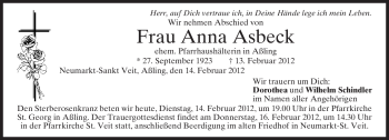 Todesanzeige von Anna Asbeck von MERKUR & TZ