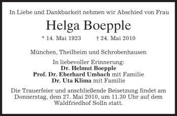 Todesanzeige von Helga Boepple von MERKUR & TZ