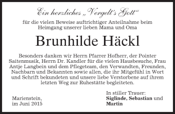 Todesanzeige von Brunhilde Häckl von merkurtz