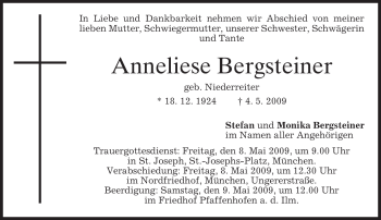 Todesanzeige von Anneliese Bergsteiner von MERKUR & TZ