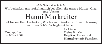Todesanzeige von Hanni Markreiter von MERKUR & TZ