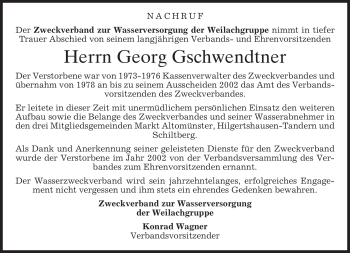 Todesanzeige von Georg Gschwendtner von MERKUR & TZ