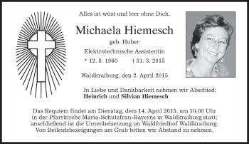 Todesanzeige von Michaela Hiemesch von merkurtz