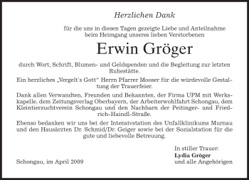 Todesanzeige von Erwin Gröger von MERKUR & TZ