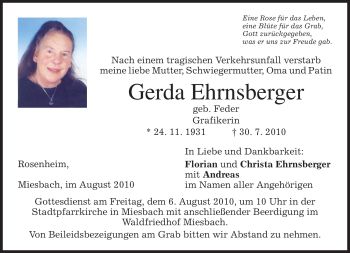 Todesanzeige von Gerda Ehrnsberger von MERKUR & TZ