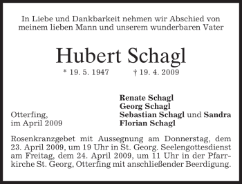 Todesanzeige von Hubert Schagl von MERKUR & TZ