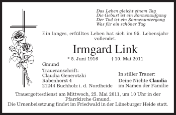 Todesanzeige von Irmgard Link von MERKUR & TZ
