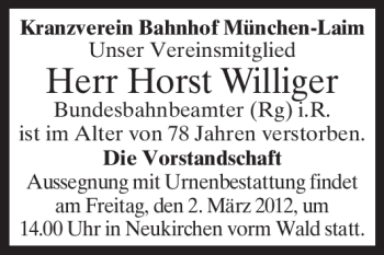 Todesanzeige von Horst Williger von MERKUR & TZ