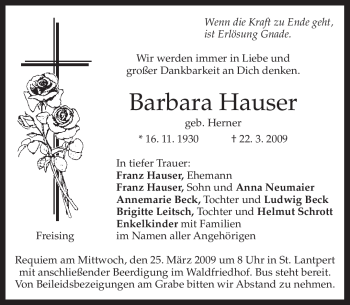 Todesanzeige von Barbara Hauser von MERKUR & TZ