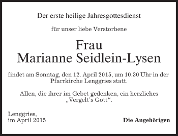 Todesanzeige von Marianne Seidlein-Lysen von merkurtz