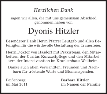 Todesanzeige von Dyonis Hitzler von MERKUR & TZ