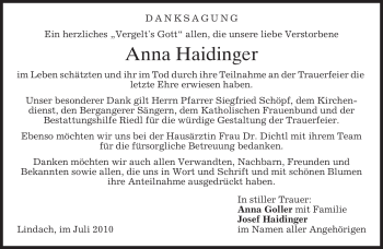 Todesanzeige von Anna Haidinger von MERKUR & TZ