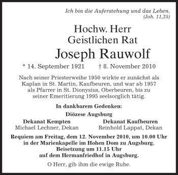 Todesanzeige von Joseph Rauwolf von MERKUR & TZ