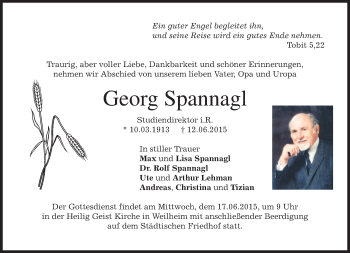 Todesanzeige von Georg Spannagl von merkurtz