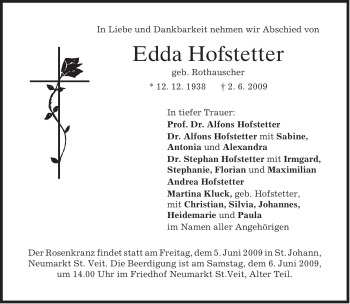 Todesanzeige von Edda Hofstetter von MERKUR & TZ