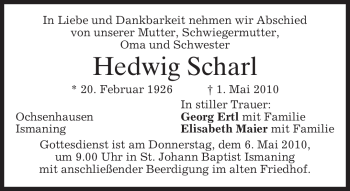 Todesanzeige von Hedwig Scharl von MERKUR & TZ