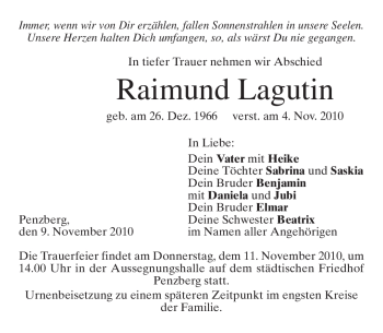 Todesanzeige von Raimund Lagutin von MERKUR & TZ