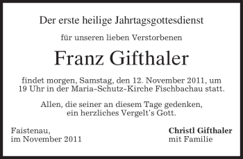 Todesanzeige von Franz Gifthaler von MERKUR & TZ