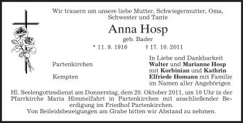 Todesanzeige von Anna Hosp von MERKUR & TZ