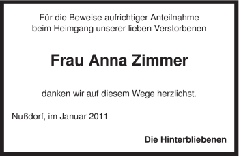 Todesanzeige von Anna Zimmer von MERKUR & TZ