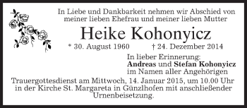 Todesanzeige von Heike Kohonyicz von merkurtz