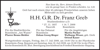 Todesanzeige von Franz Greb von MERKUR & TZ