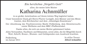 Todesanzeige von Katharina Achnmüller von MERKUR & TZ