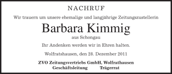 Todesanzeige von Barbara Kimmigaus von MERKUR & TZ