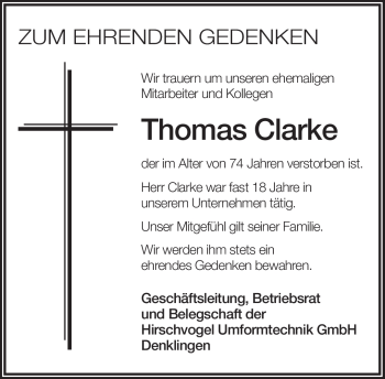 Todesanzeige von Thomas Clarke von MERKUR & TZ