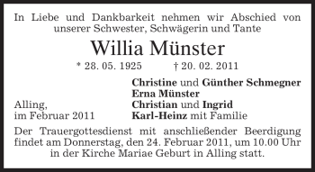 Todesanzeige von Willia Münster von MERKUR & TZ