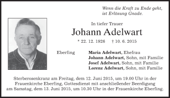 Todesanzeige von Johann Adelwart von merkurtz