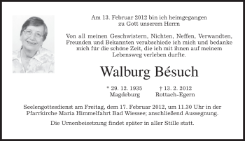 Todesanzeige von Walburg Bésuch von MERKUR & TZ