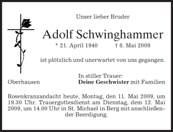 Todesanzeige von Adolf Schwinghammer von MERKUR & TZ
