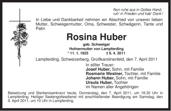 Todesanzeige von Rosina Huber von MERKUR & TZ