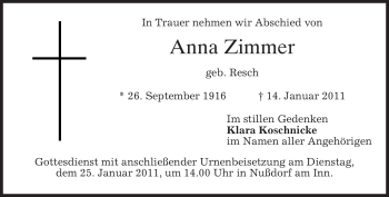 Todesanzeige von Anna Zimmer von MERKUR & TZ