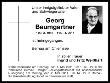 Todesanzeige von Georg Baumgartner von MERKUR & TZ