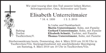 Todesanzeige von Elisabeth Unterreitmaier von MERKUR & TZ