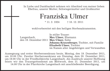 Todesanzeige von Franziska Ulmer von MERKUR & TZ