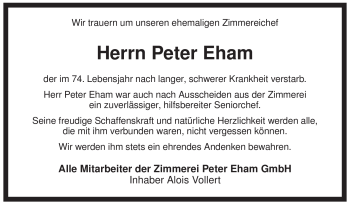Todesanzeige von Peter Eham von MERKUR & TZ